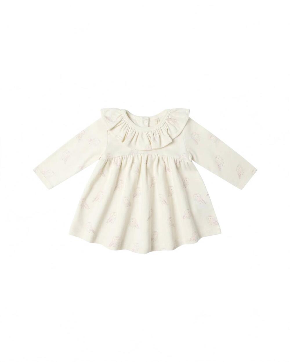 NEW QUINCY MAE girl's snow owls ruffle collar jersey dress in ivory